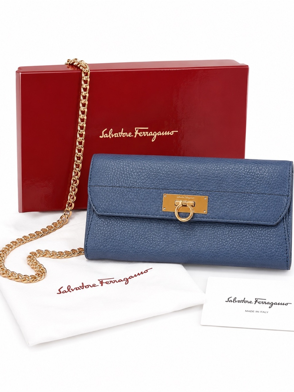 Authentic Salvatore Ferragamo Blue Leather Crossbody Wallet Bag with Gold Chain